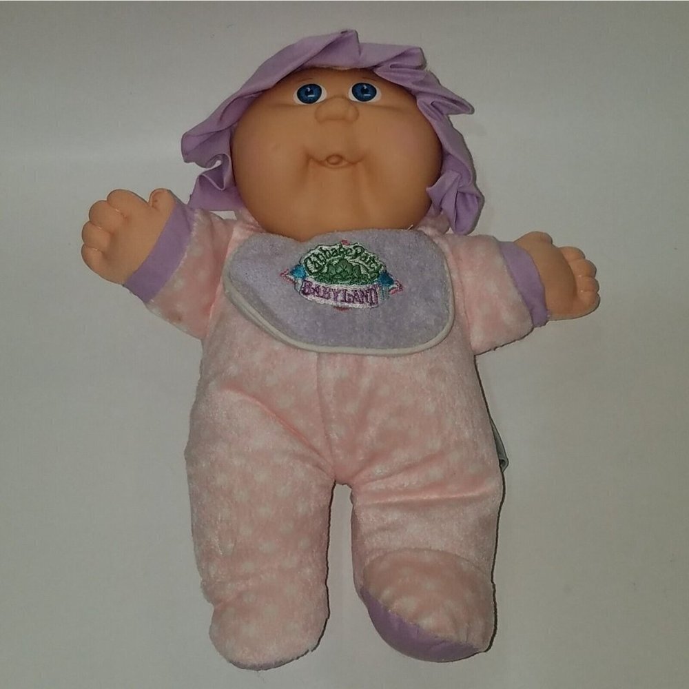 VTG Cabbage Patch Babyland 10" Doll Pink Polka Dot Purple Bib Blue Eyes Squeaker